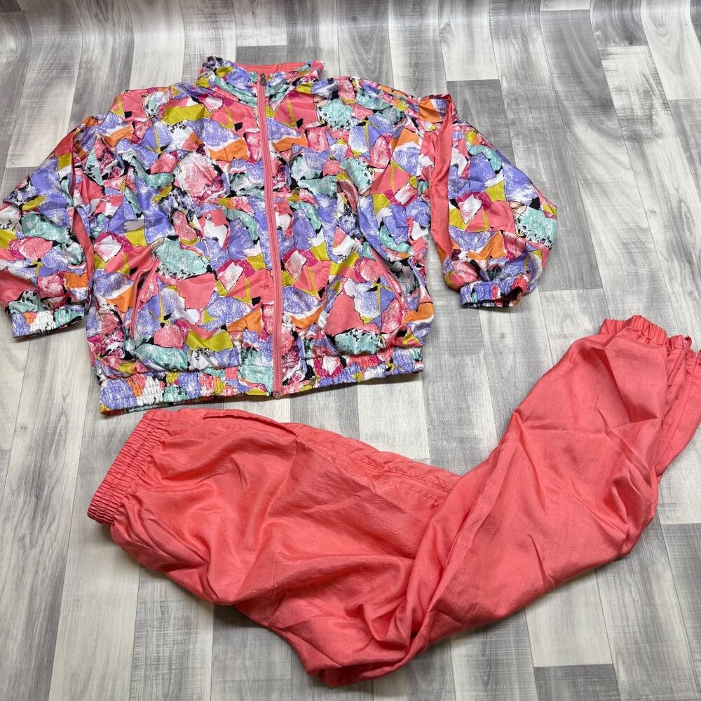 ✅Womens L VTG Lavon Nylon Track Suit Lined Jacket & Pants Set Multicolor 80s 90s